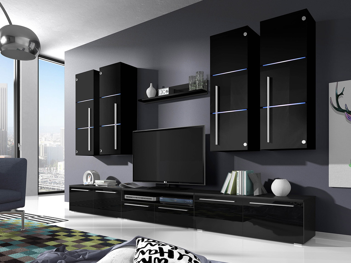 Wohnzimmer-Set Flos (Schwarz + Schwarz glänzend)