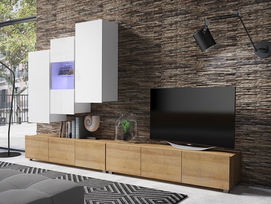 Wohnzimmer-Sets Tivdalu 133 (Goldene Eichenholzoptik + Weiss + Weiss glänzend)