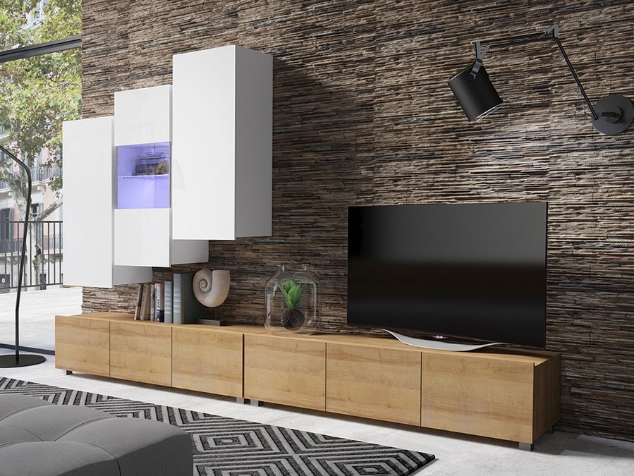 Wohnzimmer-Sets Tivdalu 133 (Goldene Eichenholzoptik + Weiss + Weiss glänzend)
