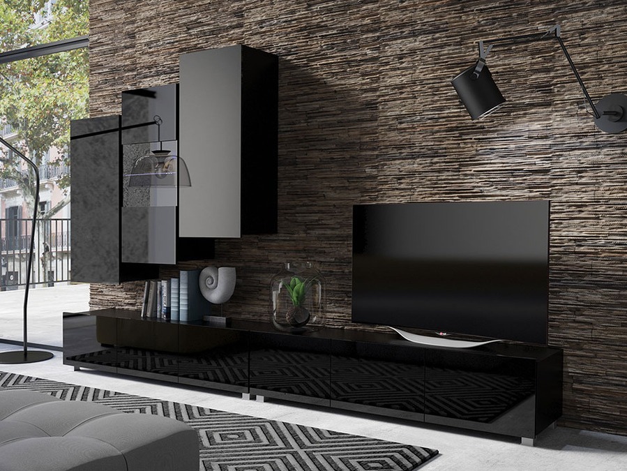 Wohnzimmer-Sets Tivdalu 133 (Schwarz + Schwarz glänzend)