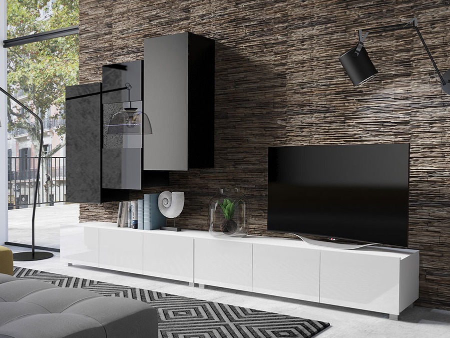 Wohnzimmer-Sets Tivdalu 133 (Weiss + Weiss glänzend + Schwarz + Schwarz glänzend)