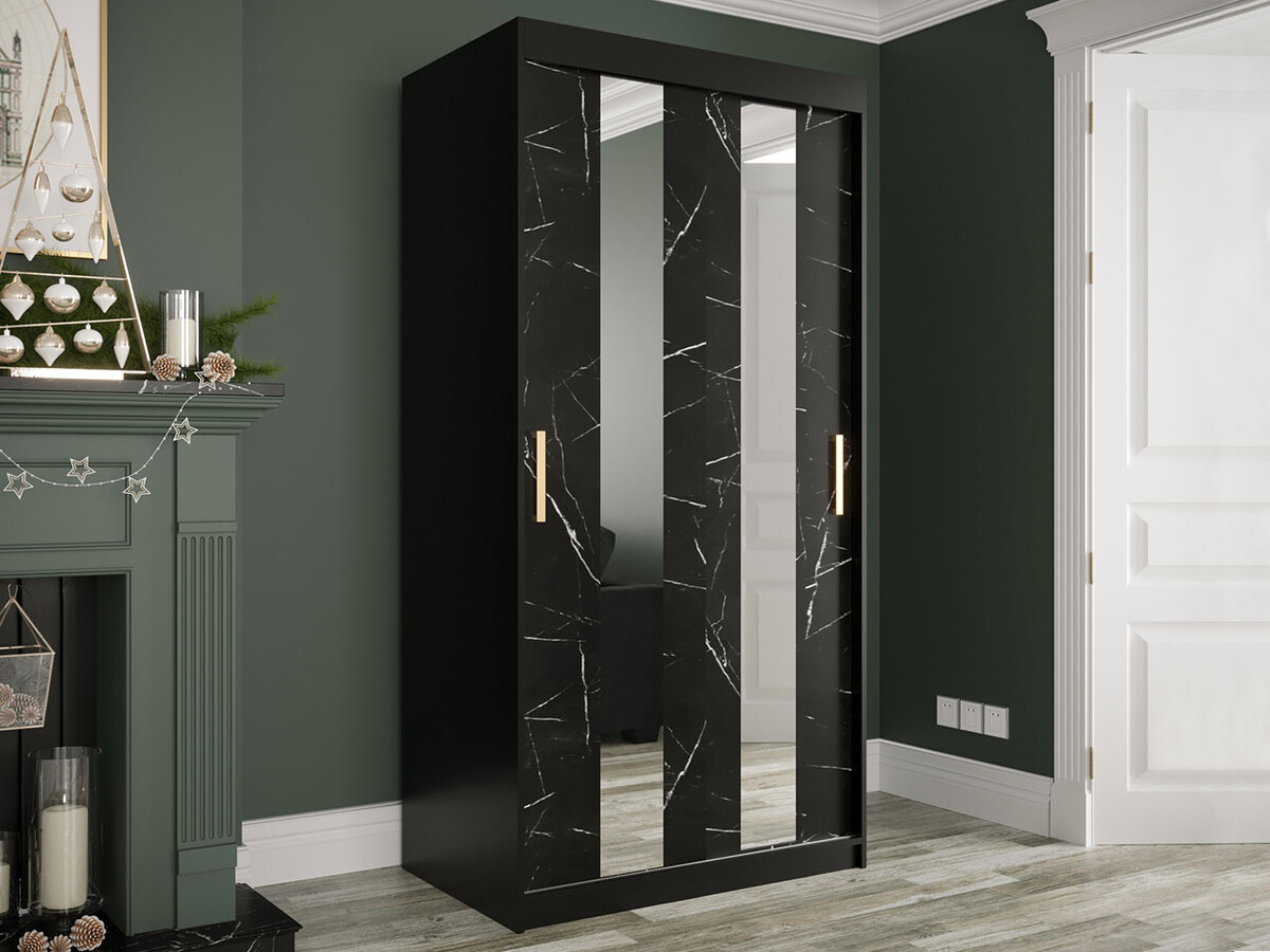 Kleiderschrank Hartford 240 (Mattschwarz + Schwarzer Marmor)