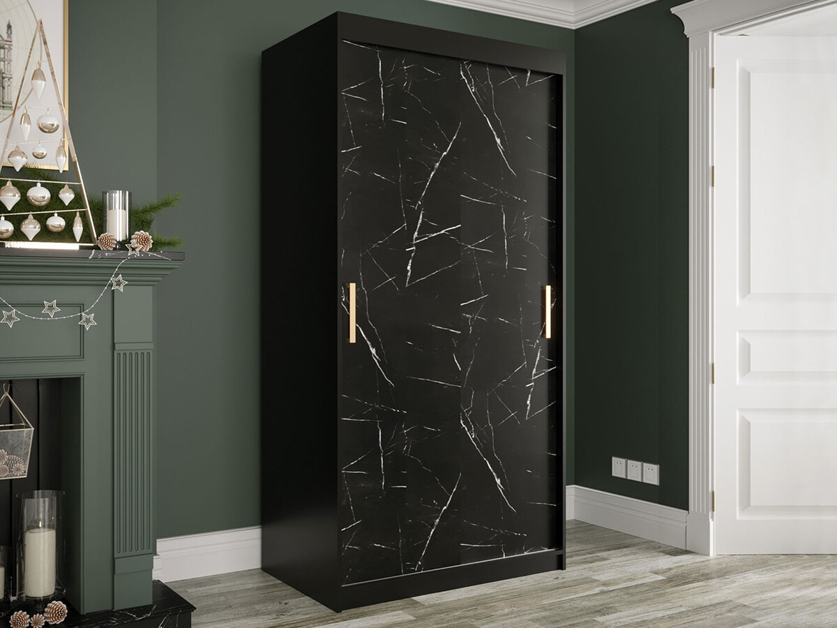 Kleiderschrank Hartford 246 (Mattschwarz + Schwarzer Marmor)