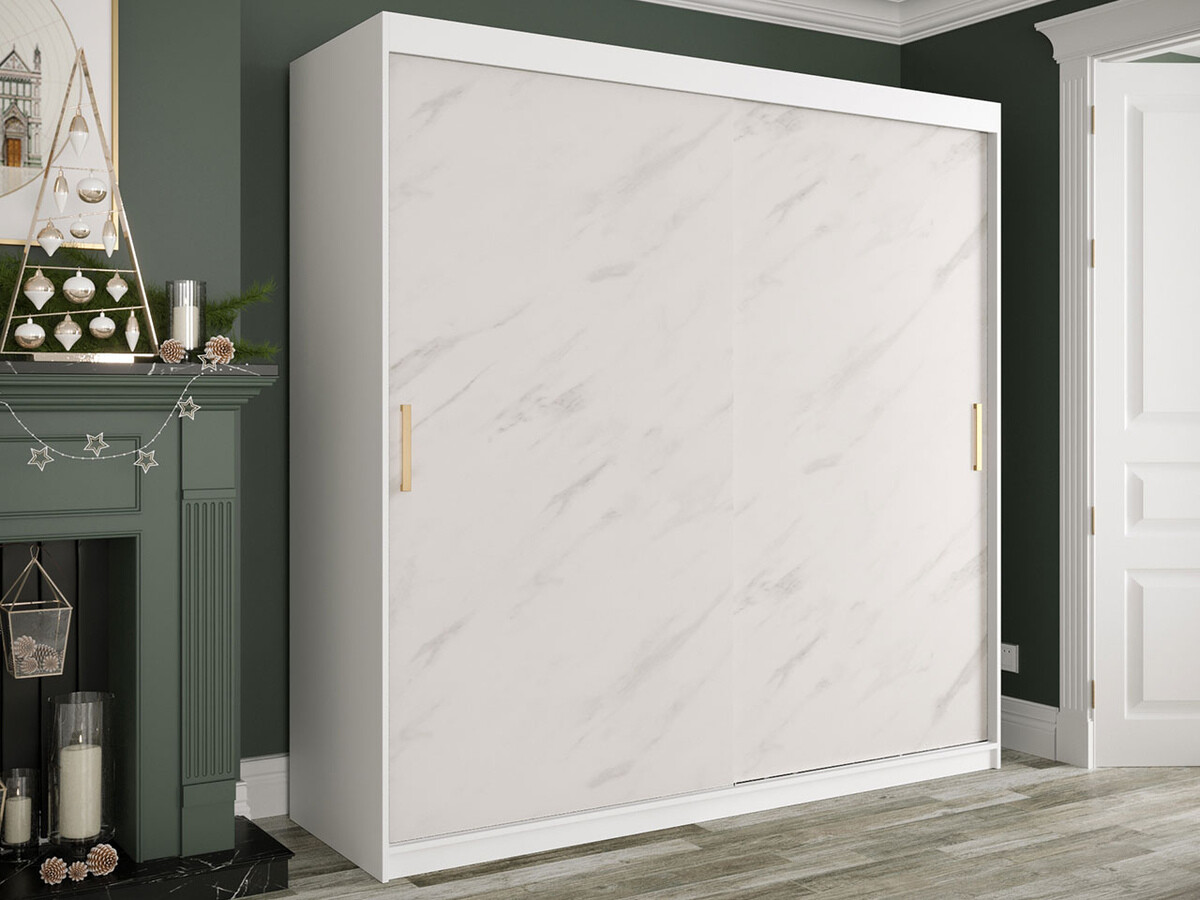 Kleiderschrank Hartford 250 (Matt weiss + Weisser Marmor)
