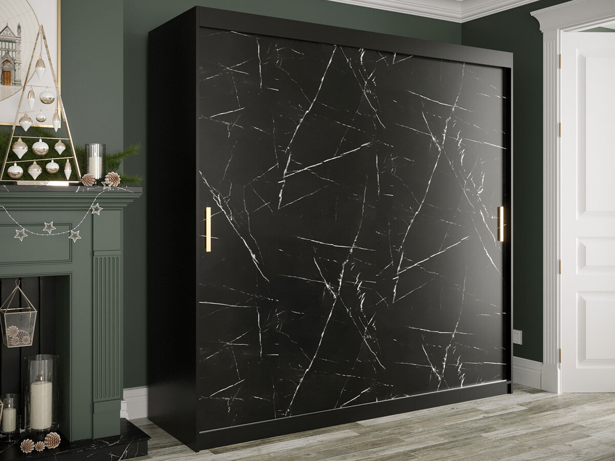 Kleiderschrank Hartford 250 (Mattschwarz + Schwarzer Marmor)