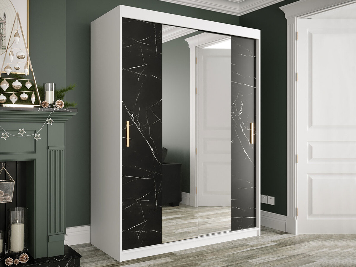 Kleiderschrank Hartford 254 (Matt weiss + Schwarzer Marmor)