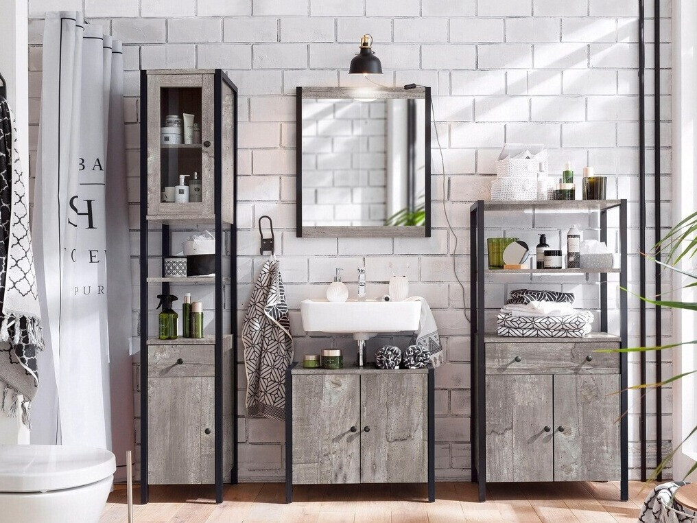 Badezimmer-Set Larnovo 117 (Eichenholzoptik Grau + Schwarz)