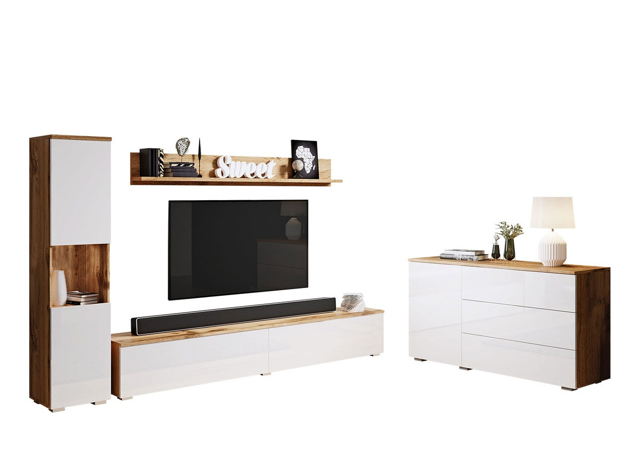Wohnzimmer-Set Sarasota 132 (Wotan-Eiche + Weiss glänzend)