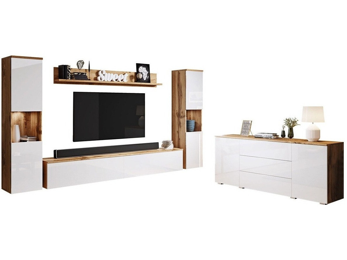 Wohnzimmer-Set Sarasota 133 (Wotan Eiche + Weiss glänzend)
