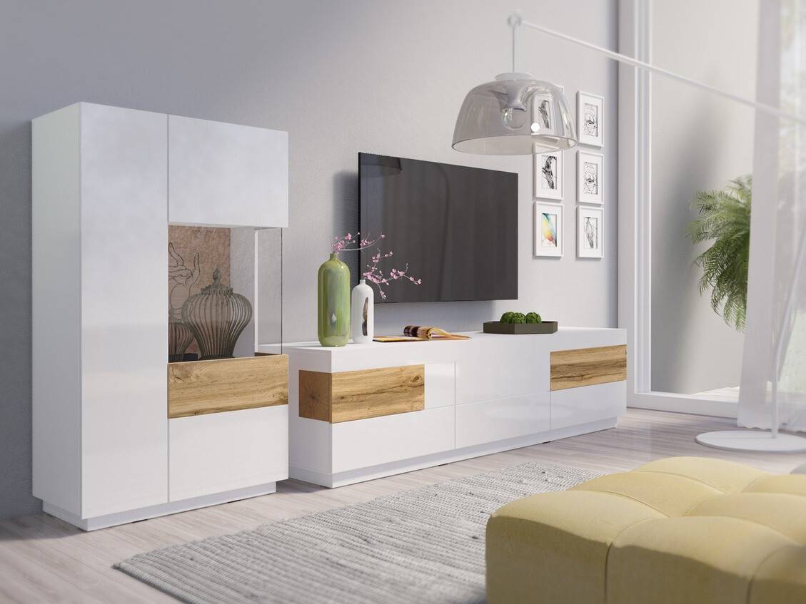 Wohnzimmer-Sets Livlore 109 (Weiss + Weiss glänzend + Wotan Eiche)