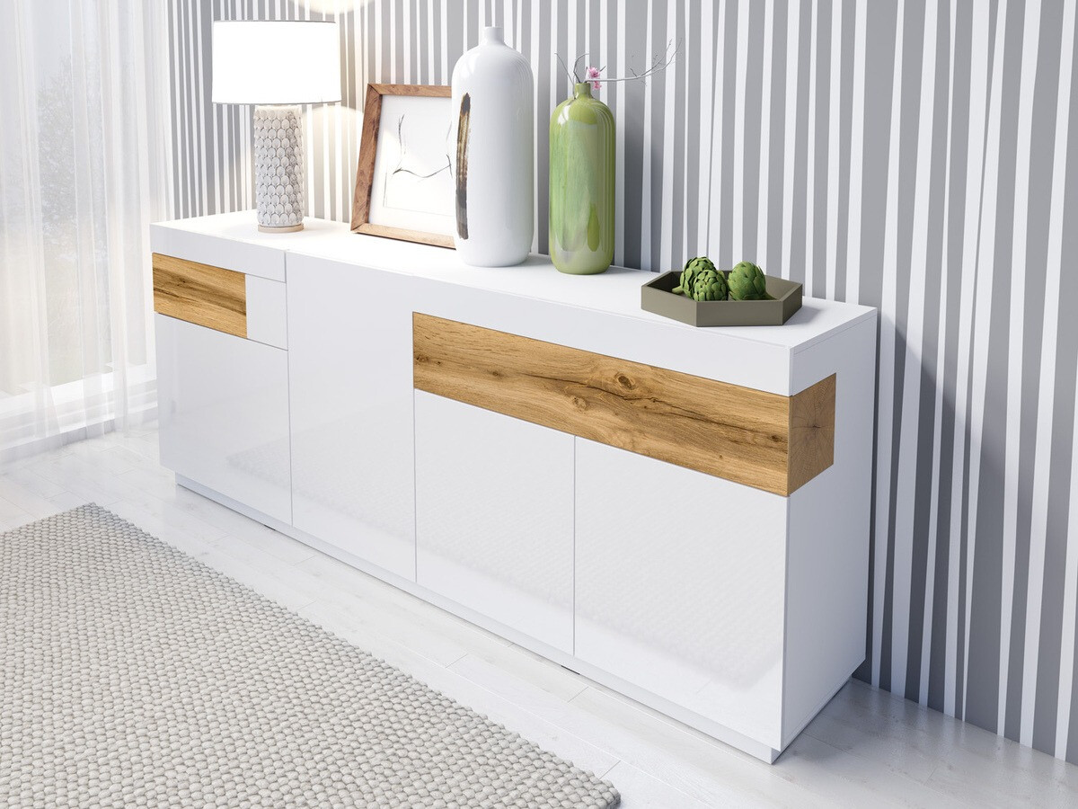 Kommode Livlore 101 (Weiss + Weiss glänzend + Wotan-Eiche)