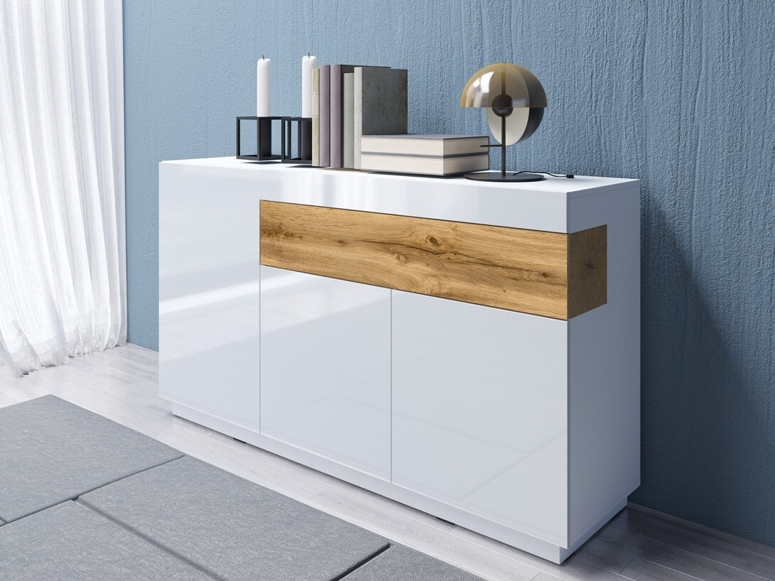 Kommode Livlore 105 (Weiss + Weiss glänzend + Wotan-Eiche)