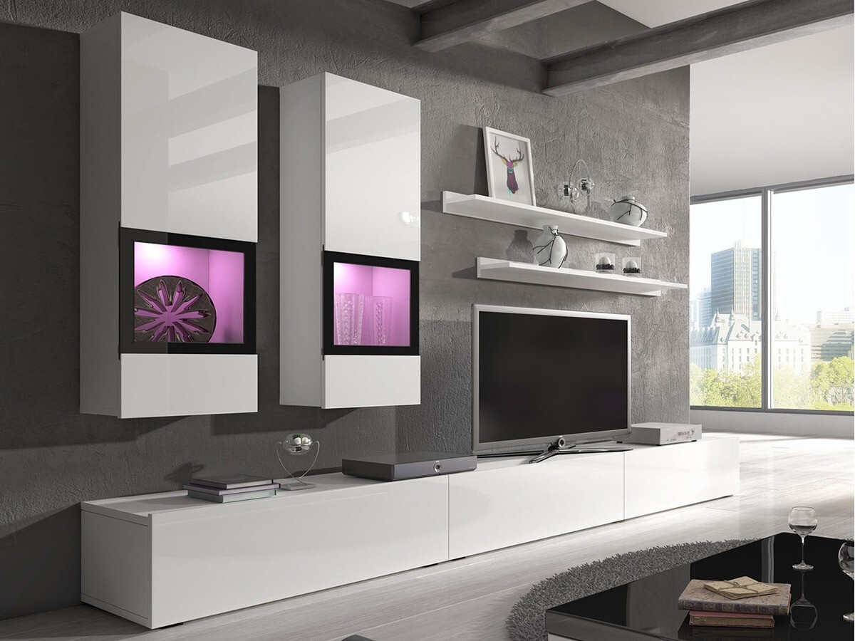 Wohnzimmer-Set Serodeu 100 (Weiss + Weiss glänzend)