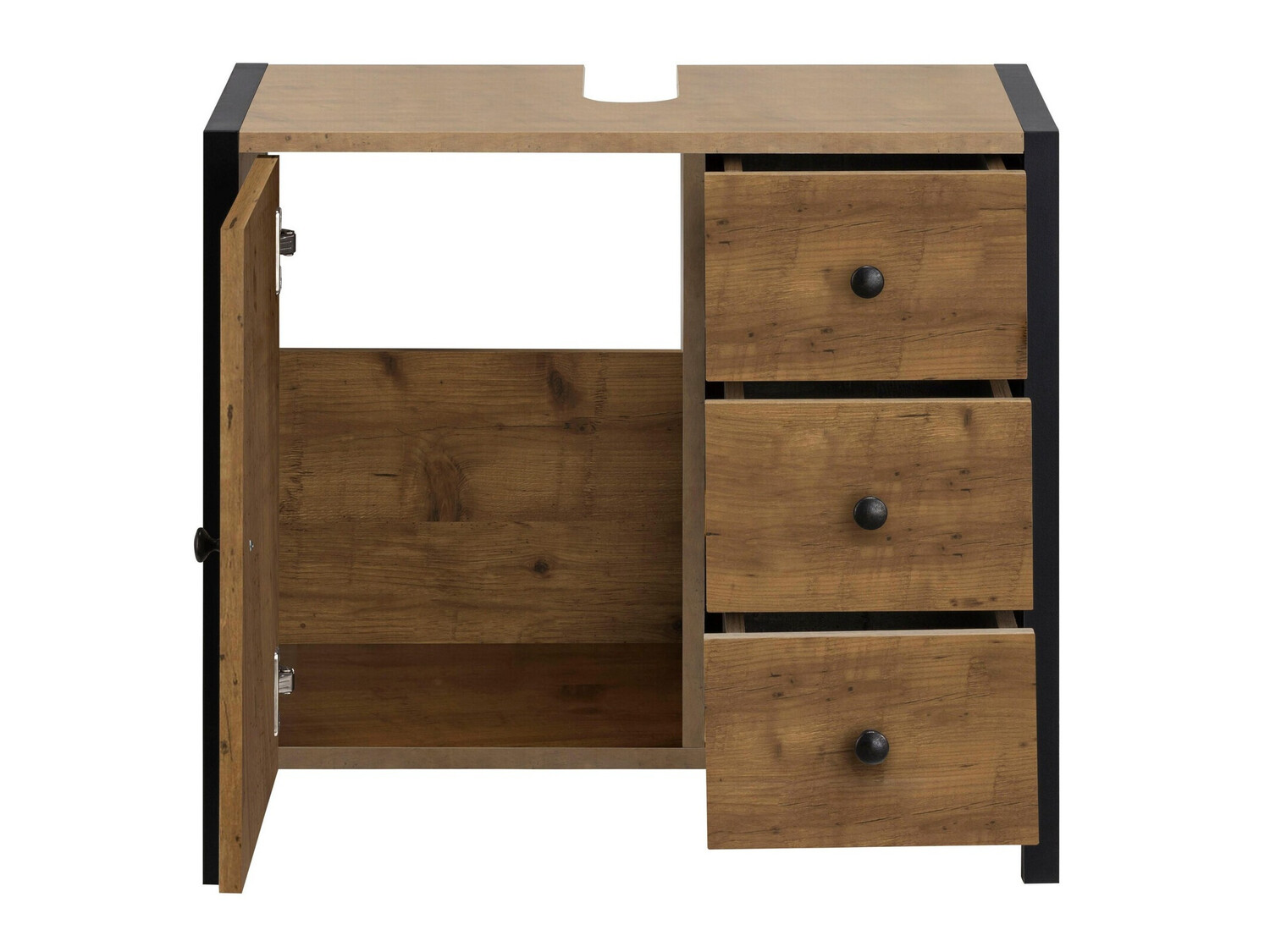 Stehender Badezimmerschrank für ein Waschbecken Larnovo 105 (Eichenholzoptik dunkel + Schwarz)