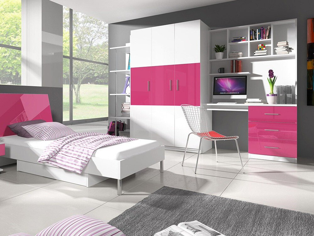 Bürotisch Campus (Weiss + Weiss glänzend + Rosa glänzend)