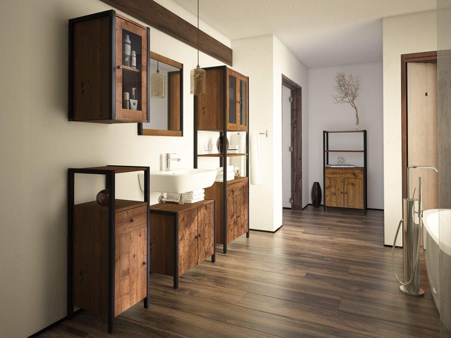 Stehender Badezimmerschrank Larnovo 112 (Eichenholzoptik dunkel + Schwarz)