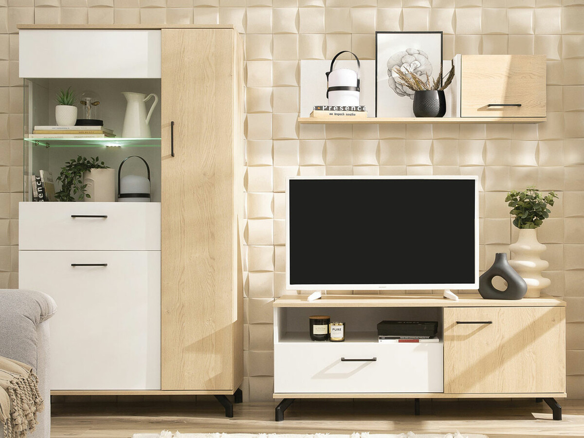 TV-Tisch Omaha S107 (Weiss + Eichenholzoptik hell)