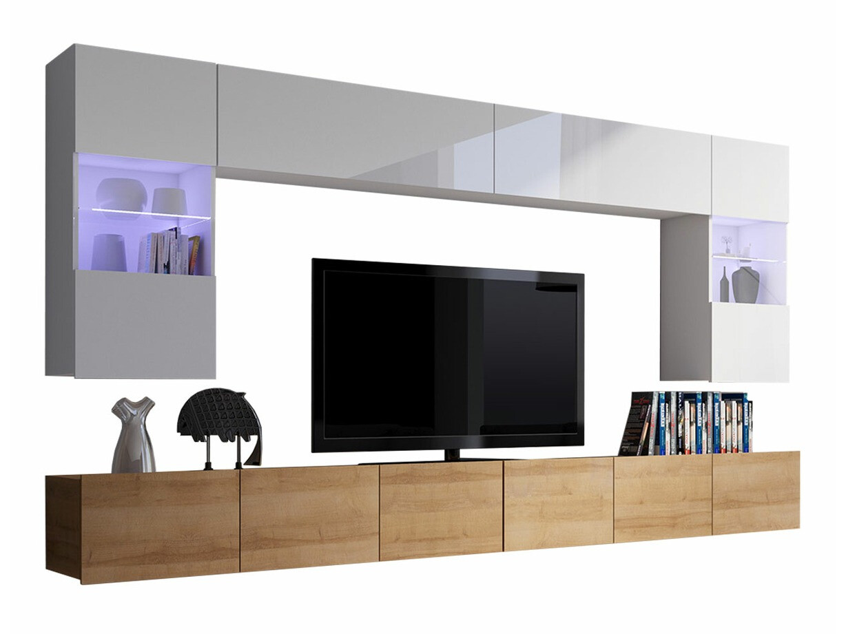 Wohnzimmer-Set Remus I (Goldene Eichenholzoptik + Weiss + Weiss glänzend)
