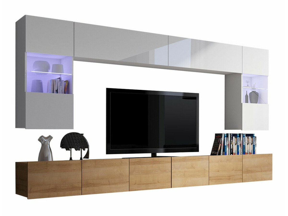 Wohnzimmer-Sets Remus I (Goldene Eichenholzoptik + Weiss + Weiss glänzend)