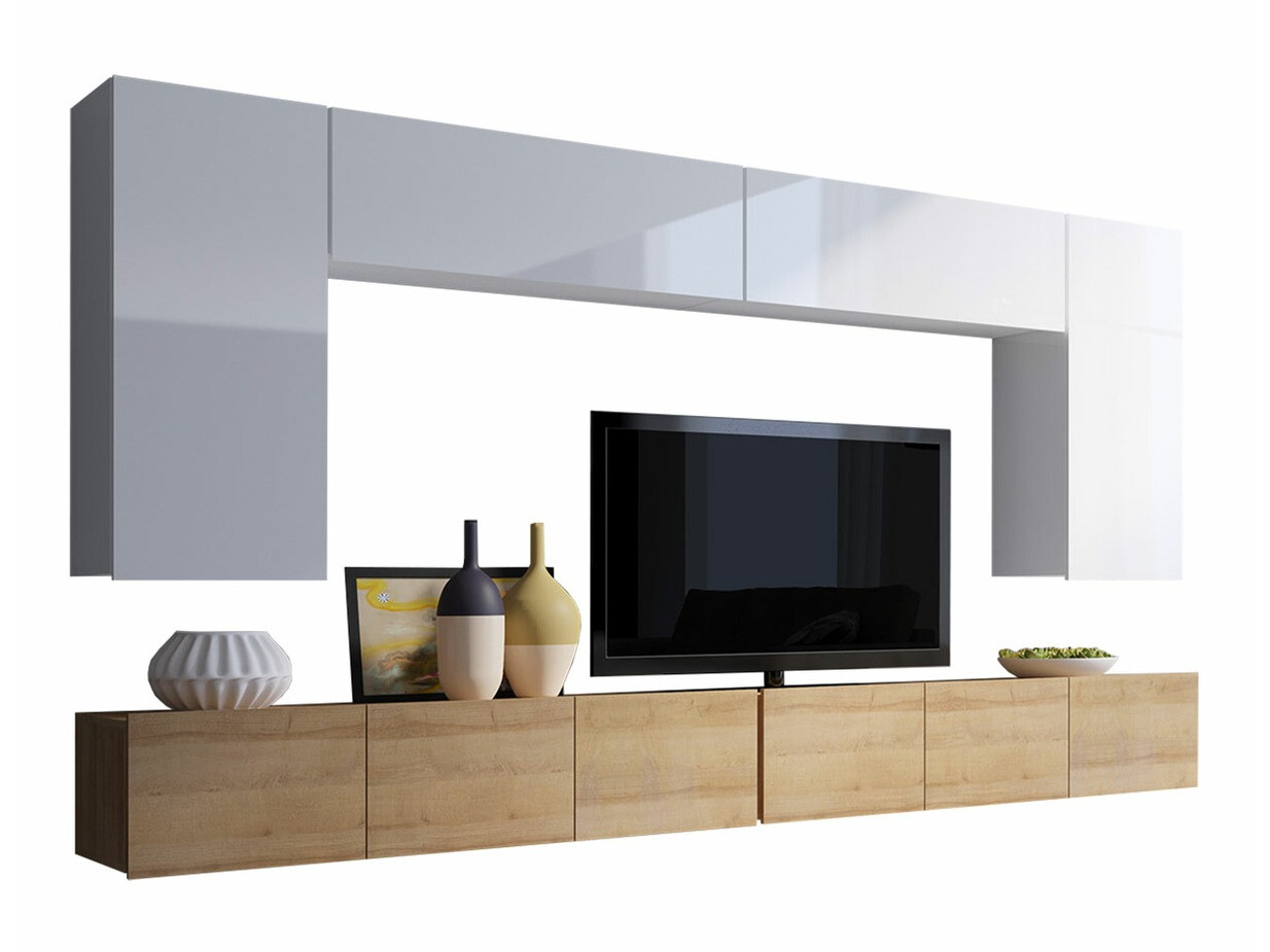 Wohnzimmer-Sets Remus XIII (Goldene Eichenholzoptik + Weiss + Weiss glänzend)