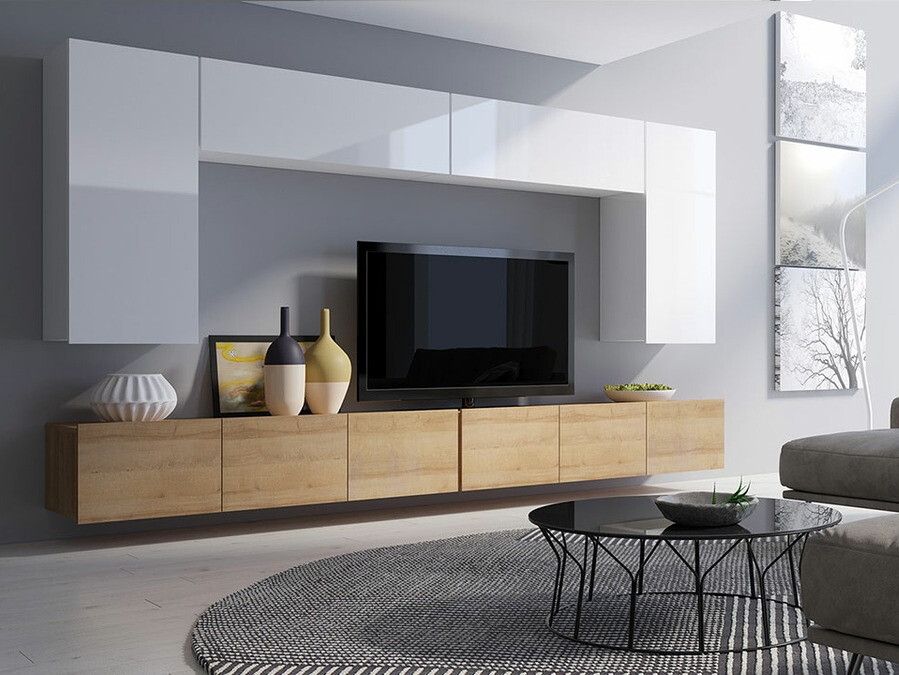 Wohnzimmer-Sets Tivdalu 135 (Goldene Eichenholzoptik + Weiss + Weiss glänzend)