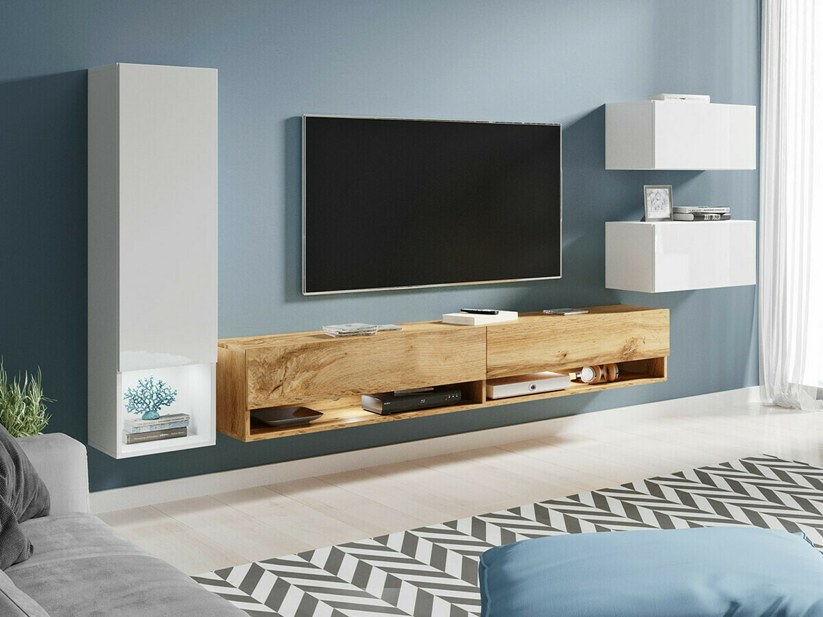 Wohnzimmer-Set Sarasota 124 (Weiss + Weiss glänzend + Wotan-Eiche)