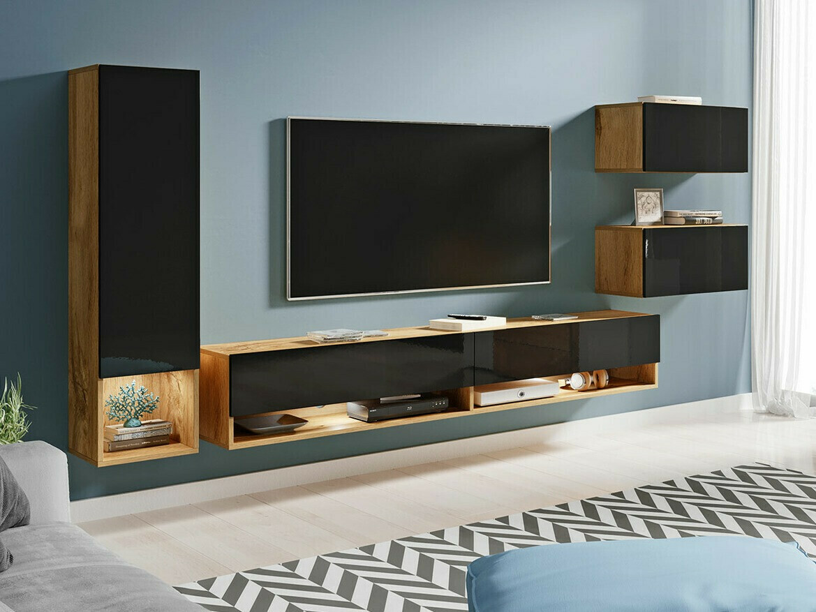 Wohnzimmer-Set Sarasota 124 (Wotan-Eiche + Schwarz glänzend)