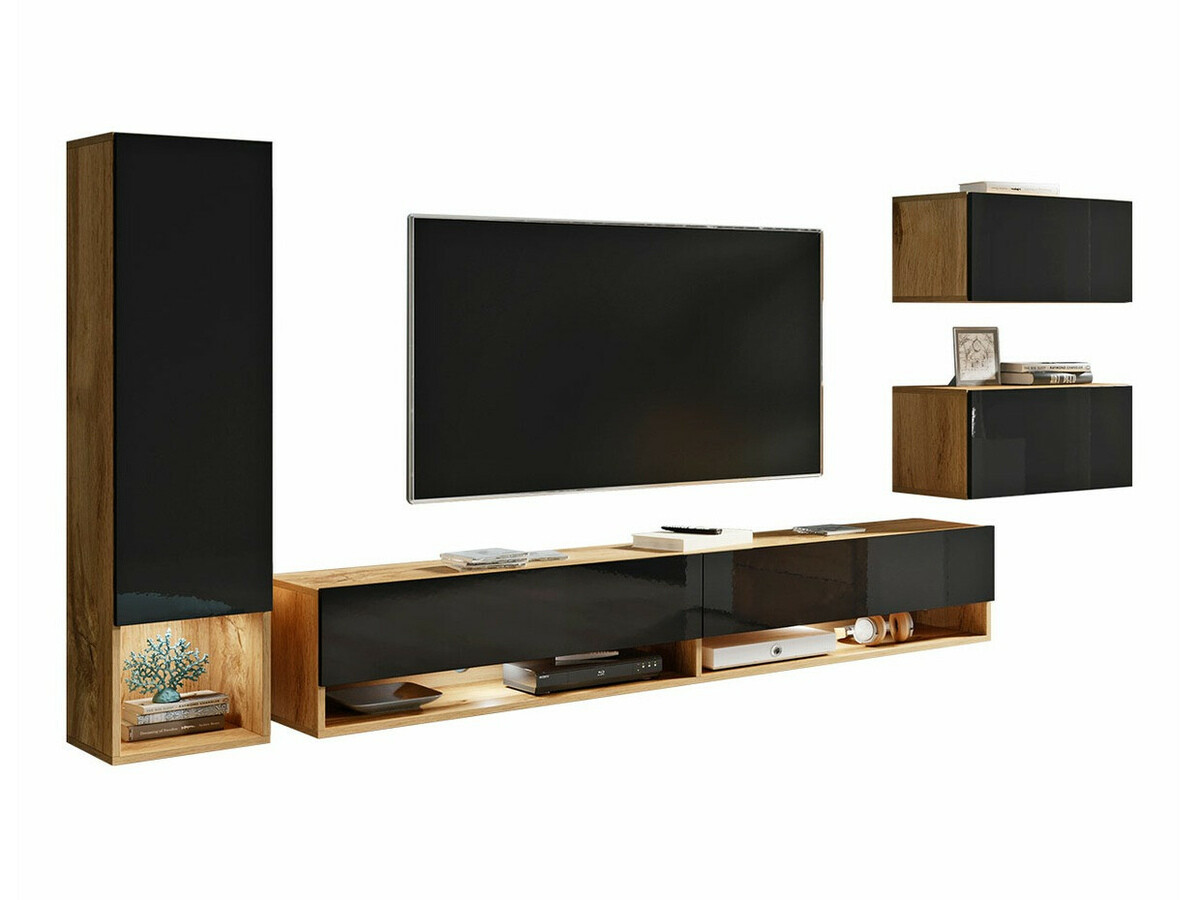 Wohnzimmer-Set Sarasota 124 (Wotan-Eiche + Schwarz glänzend)