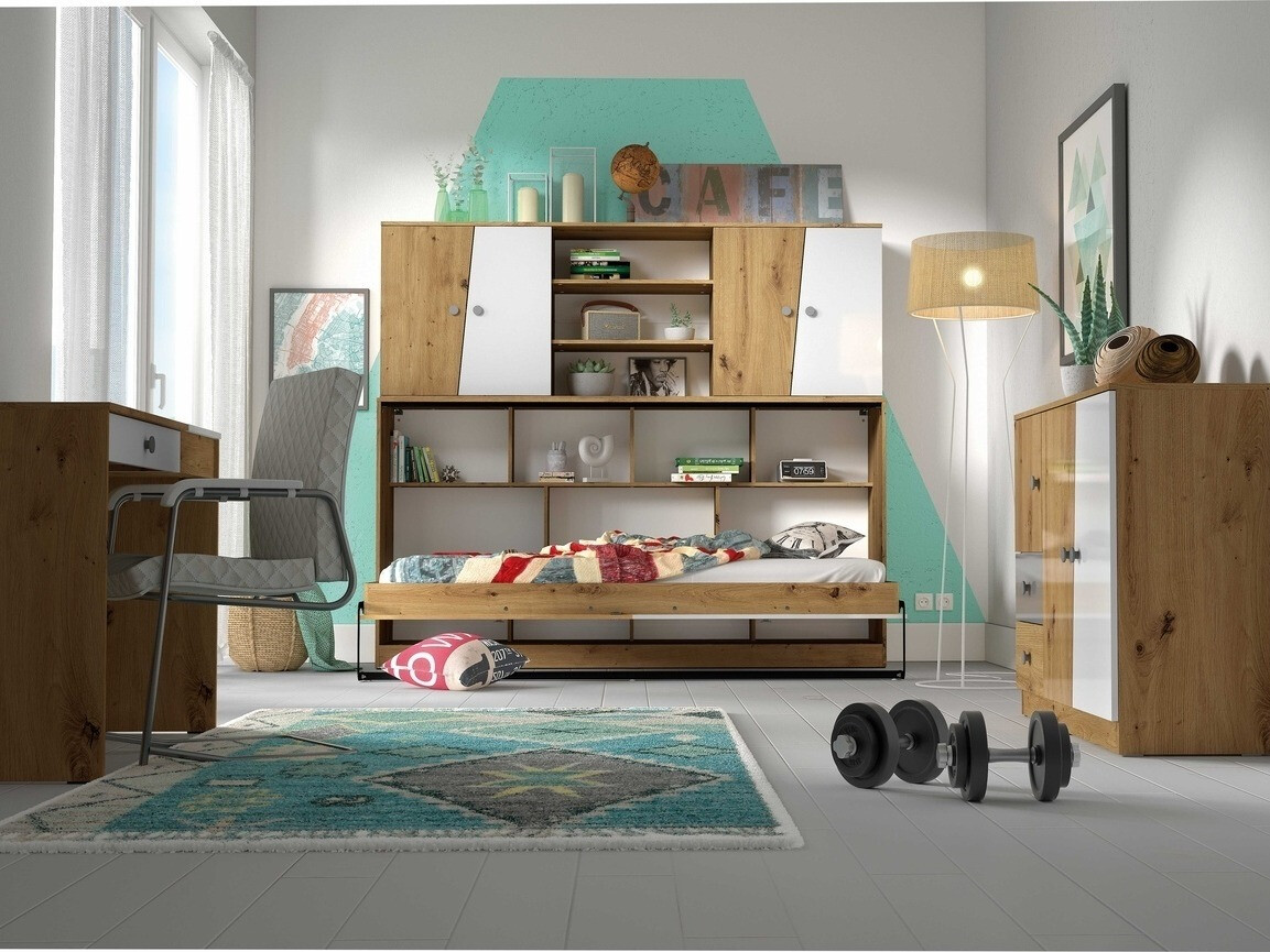 Schrankbett Mirelbu 114 (Artisan Eichenholzoptik + Weiss + Schwarz)