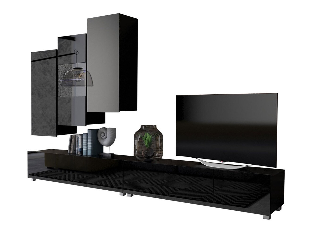 Wohnzimmer-Set Remus XVII (Schwarz + Schwarz glänzend)