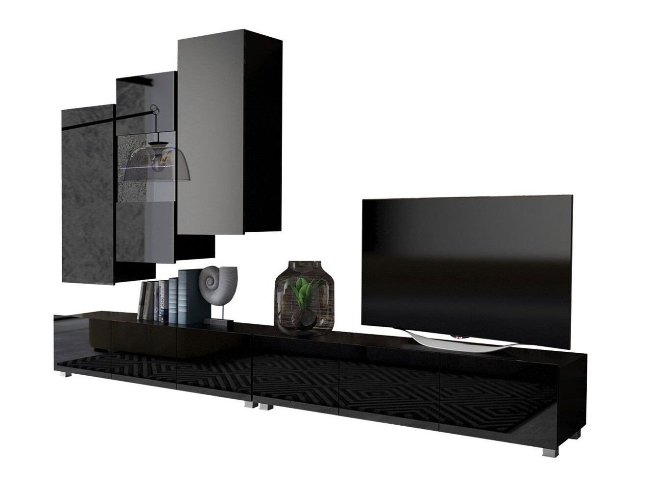 Wohnzimmer-Set Remus XVII (Schwarz + Schwarz glänzend)