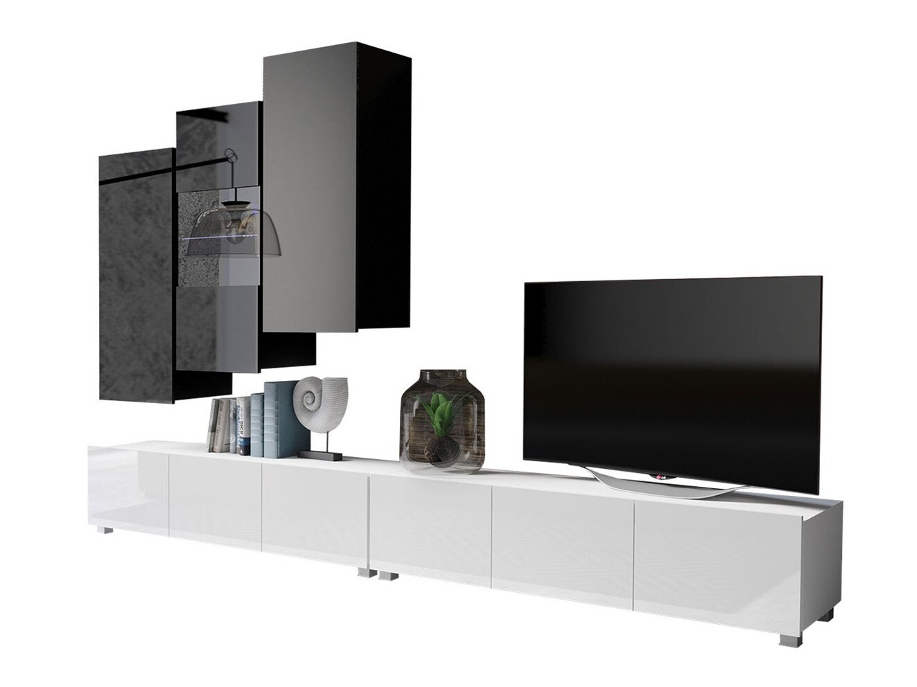 Wohnzimmer-Set Remus XVII (Weiss + Weiss glänzend + Schwarz + Schwarz glänzend)