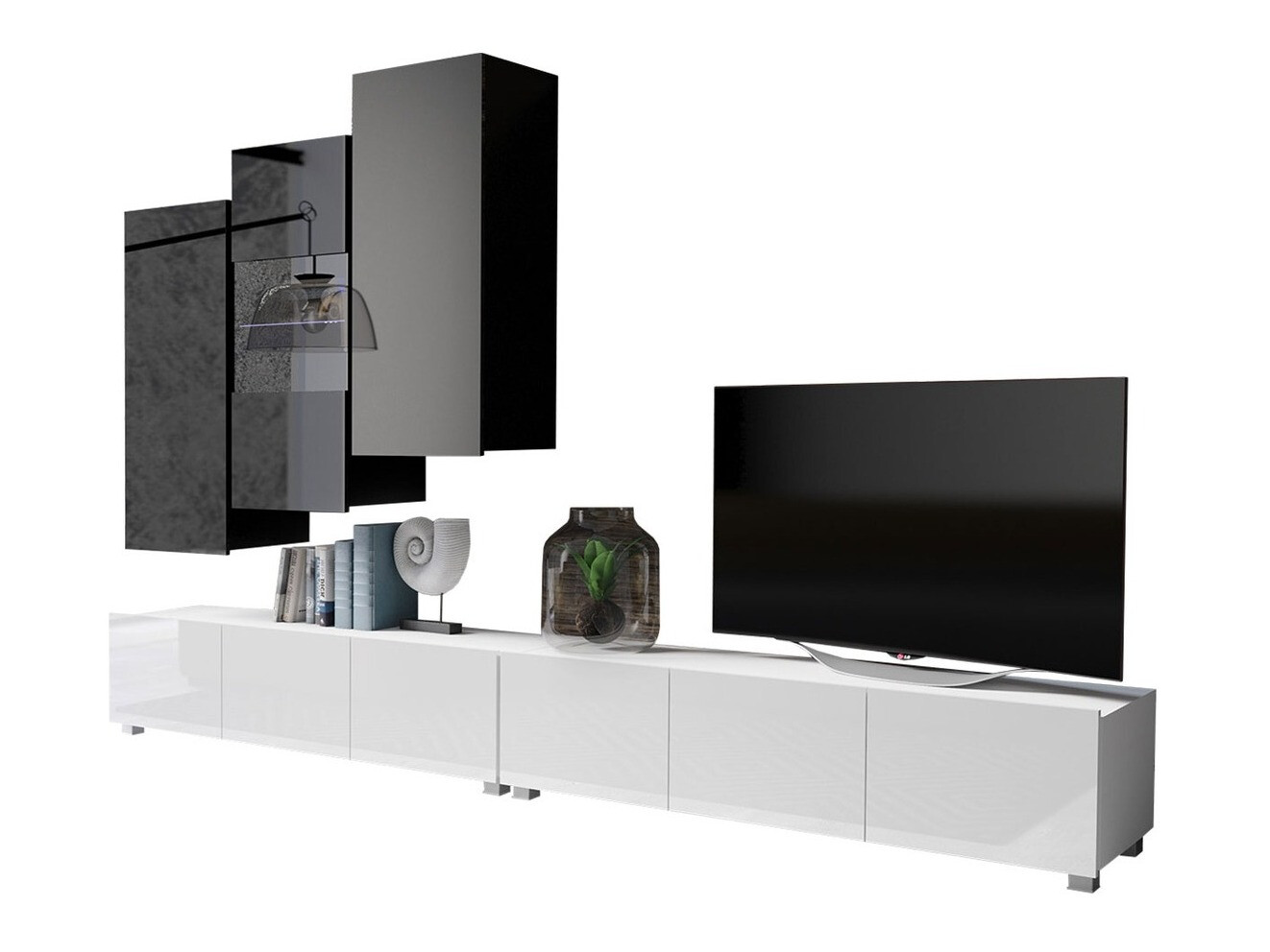 Wohnzimmer-Set Remus XVII (Weiss + Weiss glänzend + Schwarz + Schwarz glänzend)