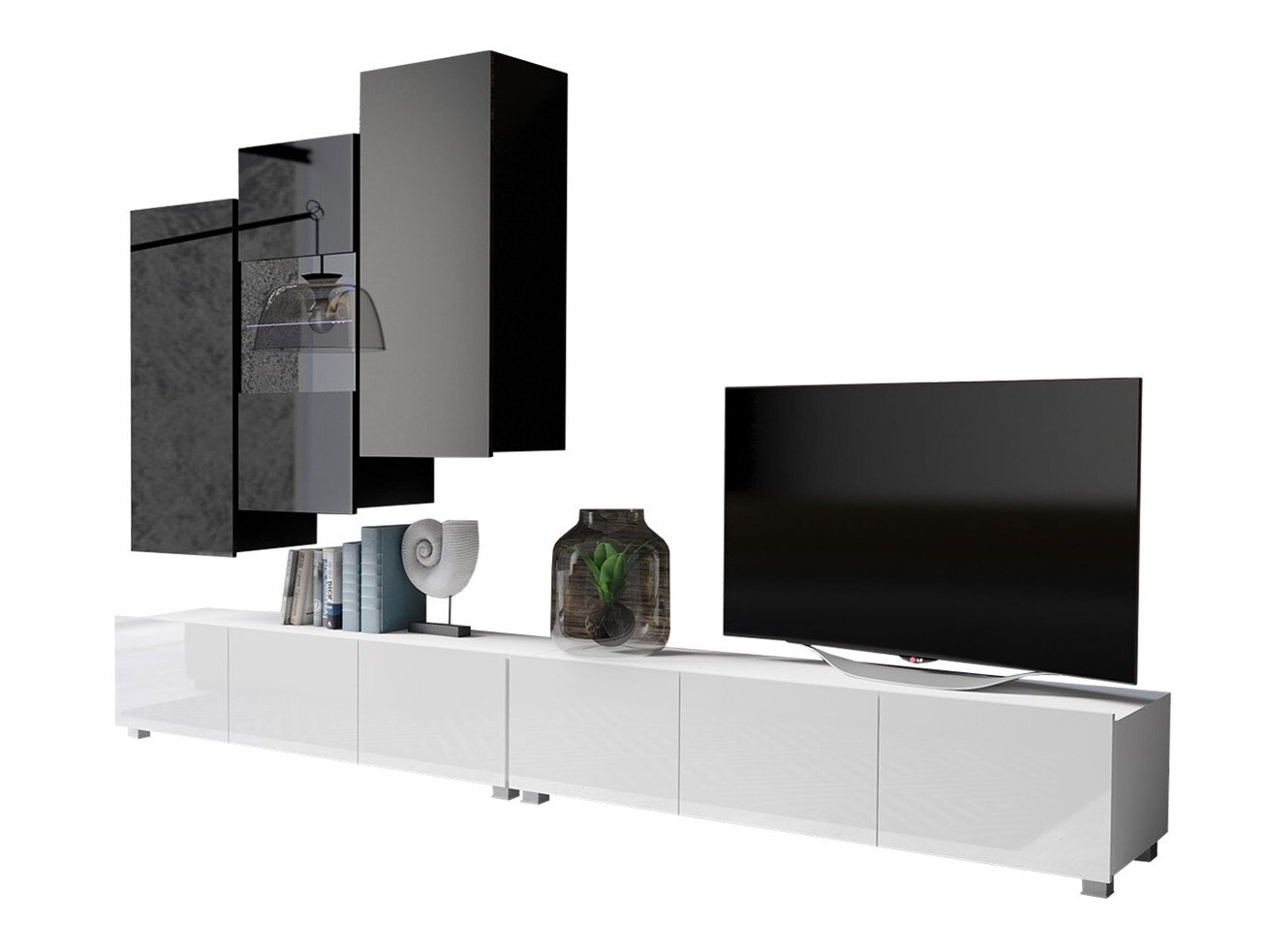 Wohnzimmer-Set Remus XVII (Weiss + Weiss glänzend + Schwarz + Schwarz glänzend)