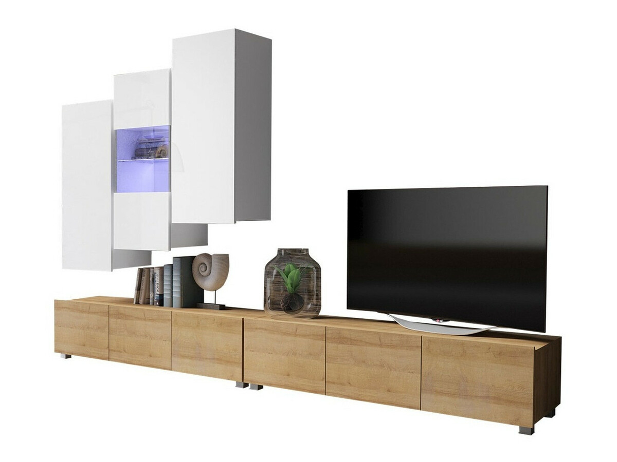 Wohnzimmer-Sets Remus XVII (Goldene Eichenholzoptik + Weiss + Weiss glänzend)