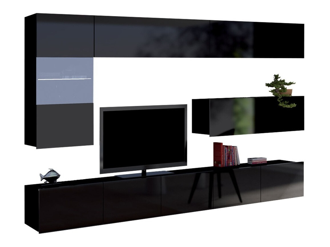 Wohnzimmer-Set Remus IV (Schwarz + Schwarz glänzend)