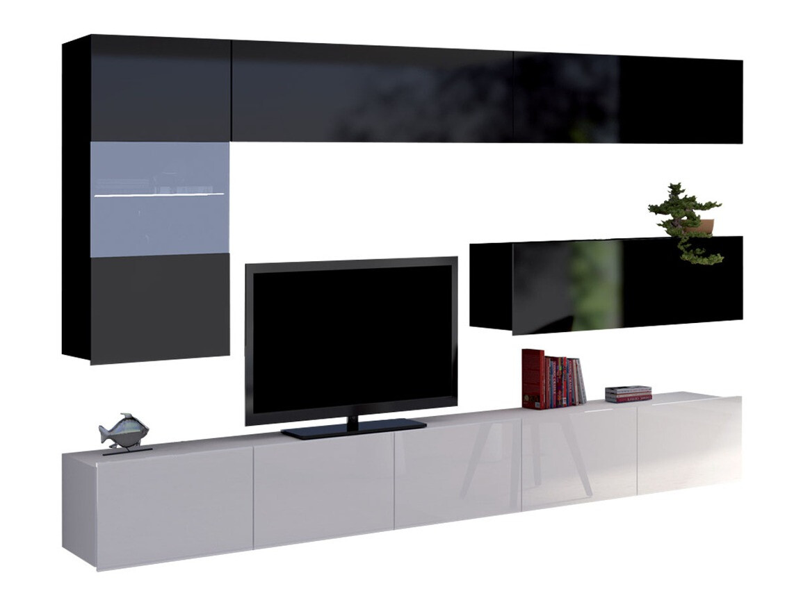 Wohnzimmer-Set Remus IV (Weiss + Weiss glänzend + Schwarz + Schwarz glänzend)