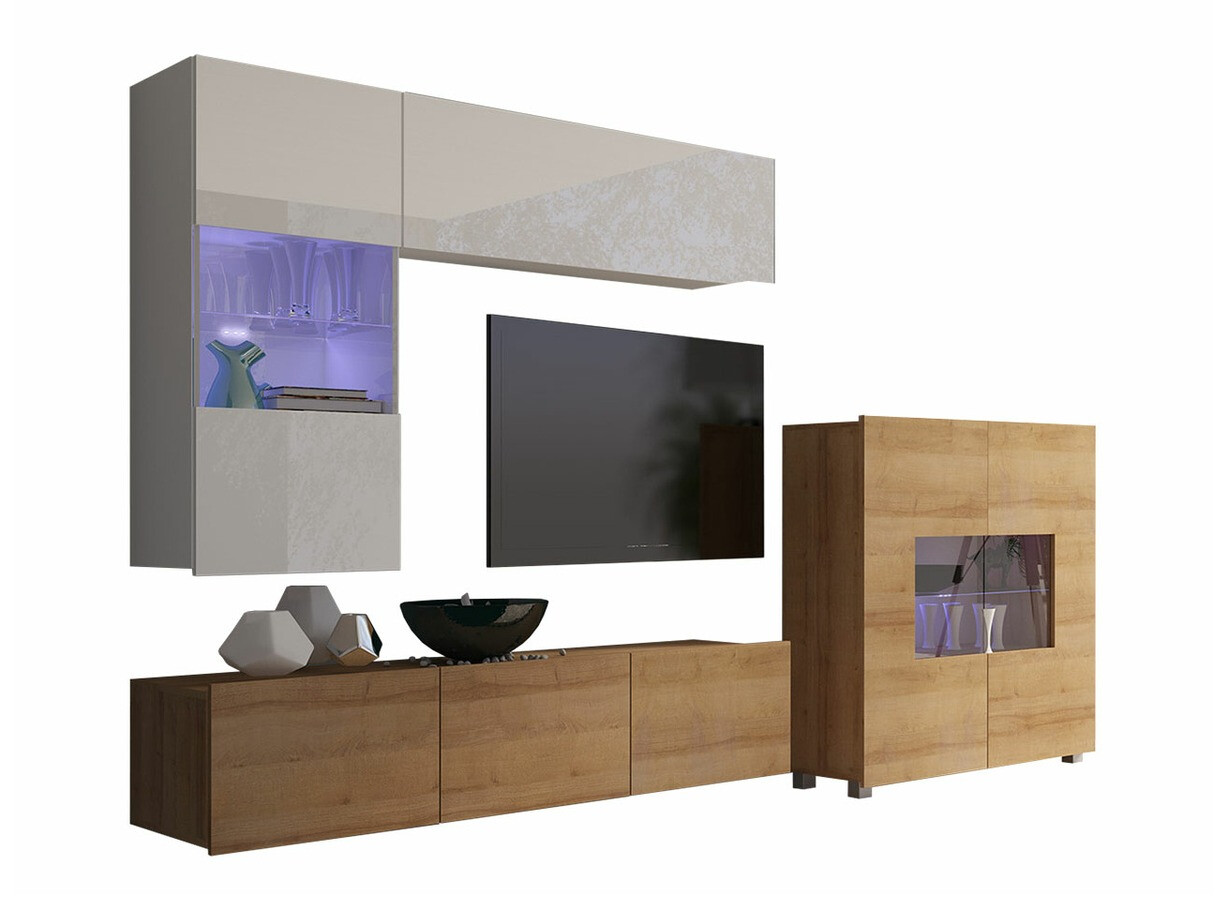 Wohnzimmer-Sets Remus III (Goldene Eichenholzoptik + Weiss + Weiss glänzend)