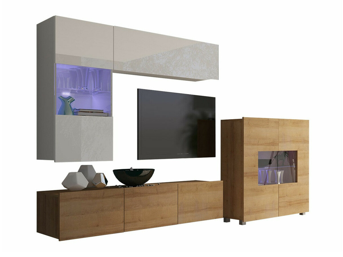 Wohnzimmer-Sets Tivdalu 107 (Goldene Eichenholzoptik + Weiss + Weiss glänzend)