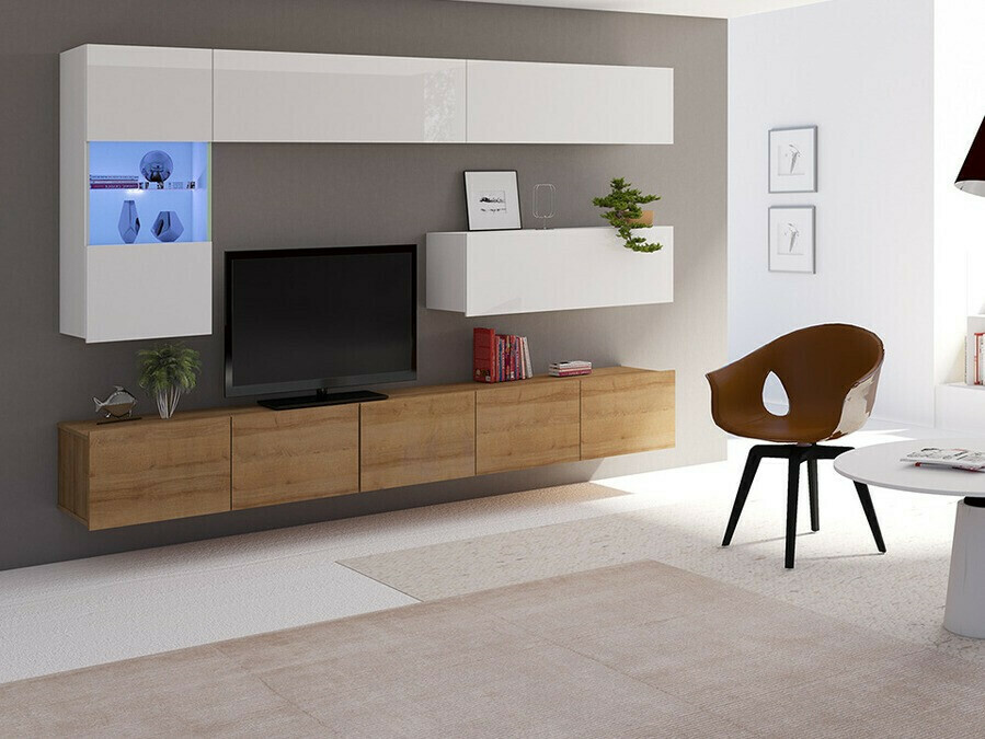 Wohnzimmer-Sets Tivdalu 108 (Goldene Eichenholzoptik + Weiss + Weiss glänzend)