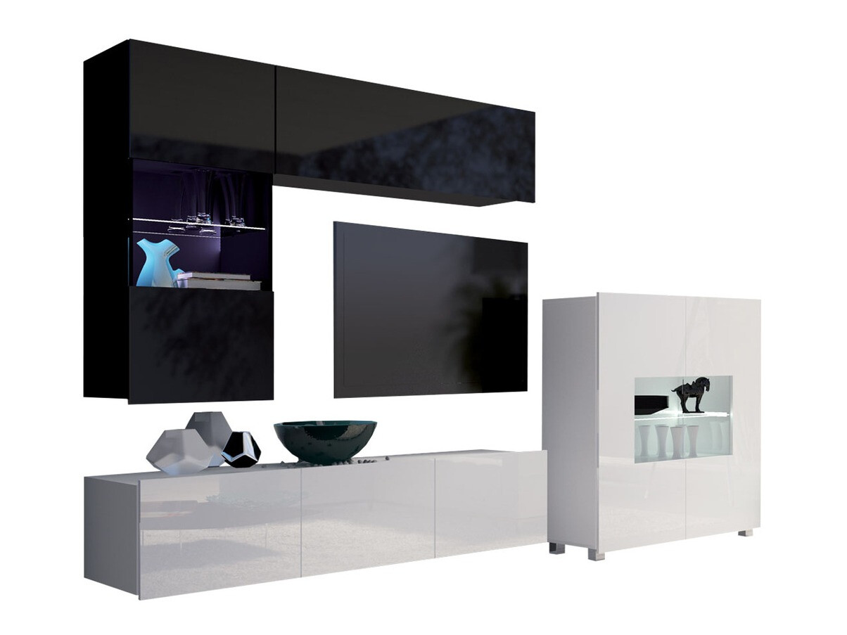 Wohnzimmer-Set Remus III (Schwarz + Schwarz glänzend + Weiss + Weiss glänzend)
