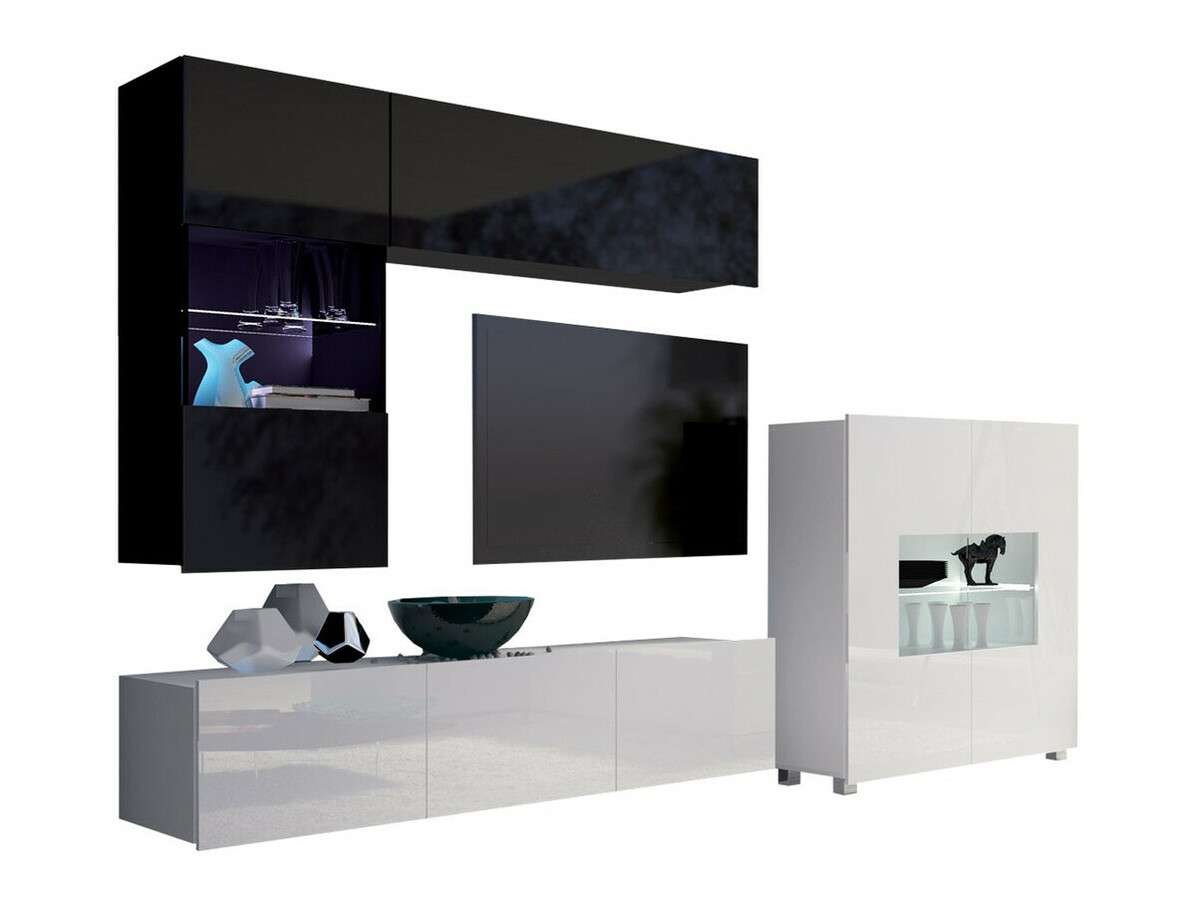 Wohnzimmer-Set Remus III (Schwarz + Schwarz glänzend + Weiss + Weiss glänzend)