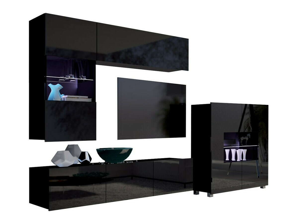 Wohnzimmer-Set Remus III (Schwarz + Schwarz glänzend)