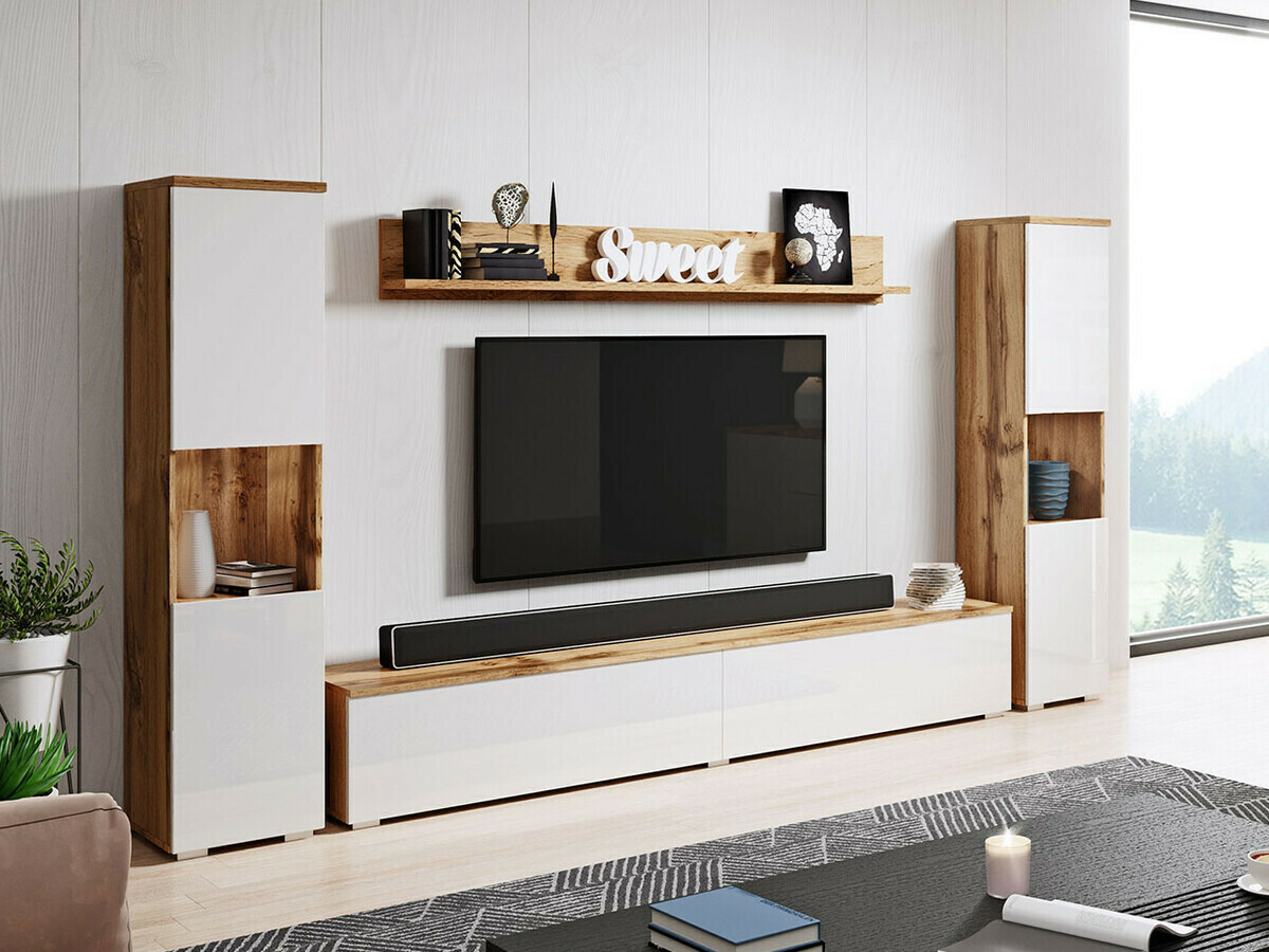 Wohnzimmer-Set Sarasota 131 (Wotan-Eiche + Weiss glänzend)
