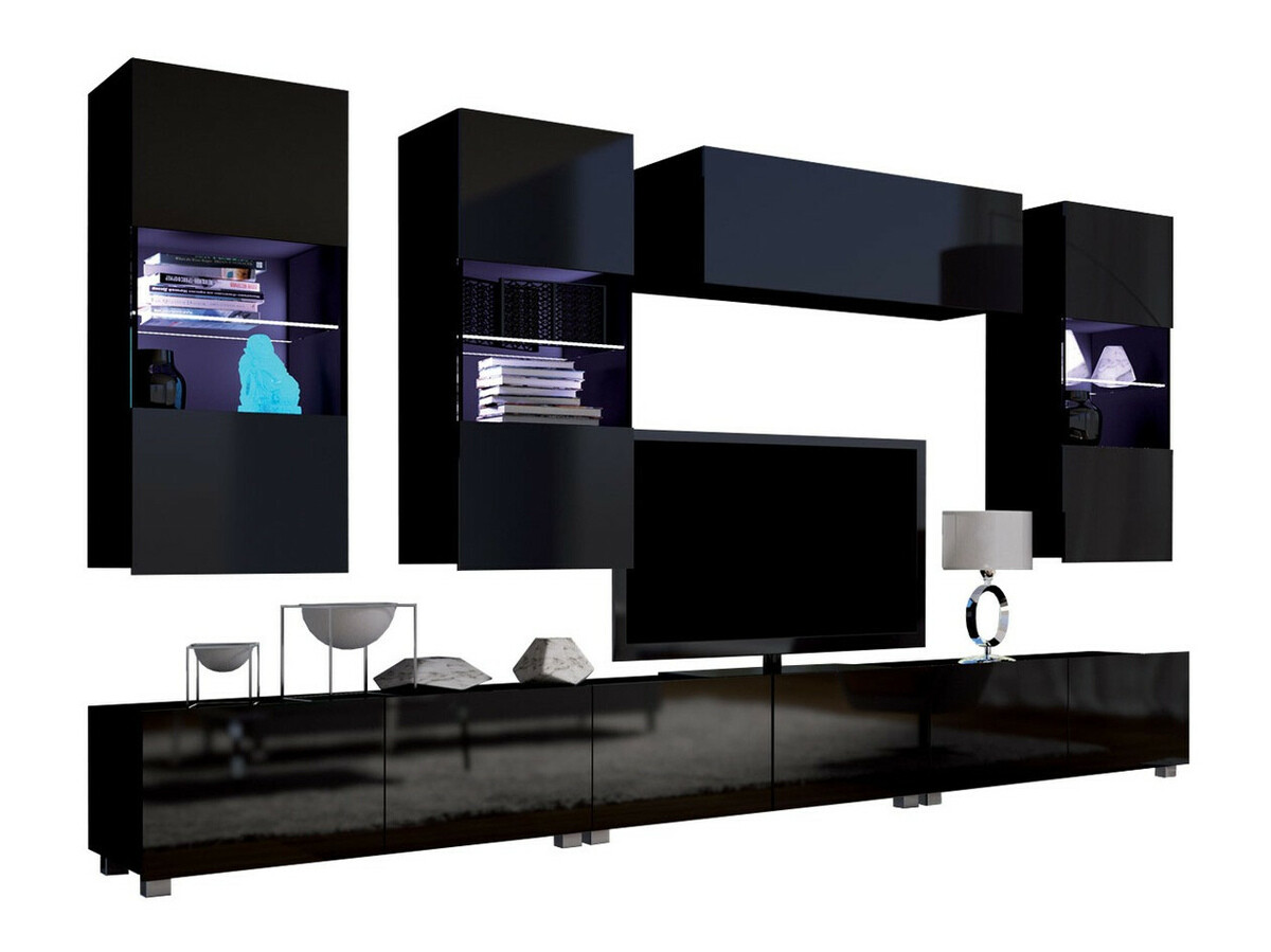 Wohnzimmer-Set Remus XI (Schwarz + Schwarz glänzend)