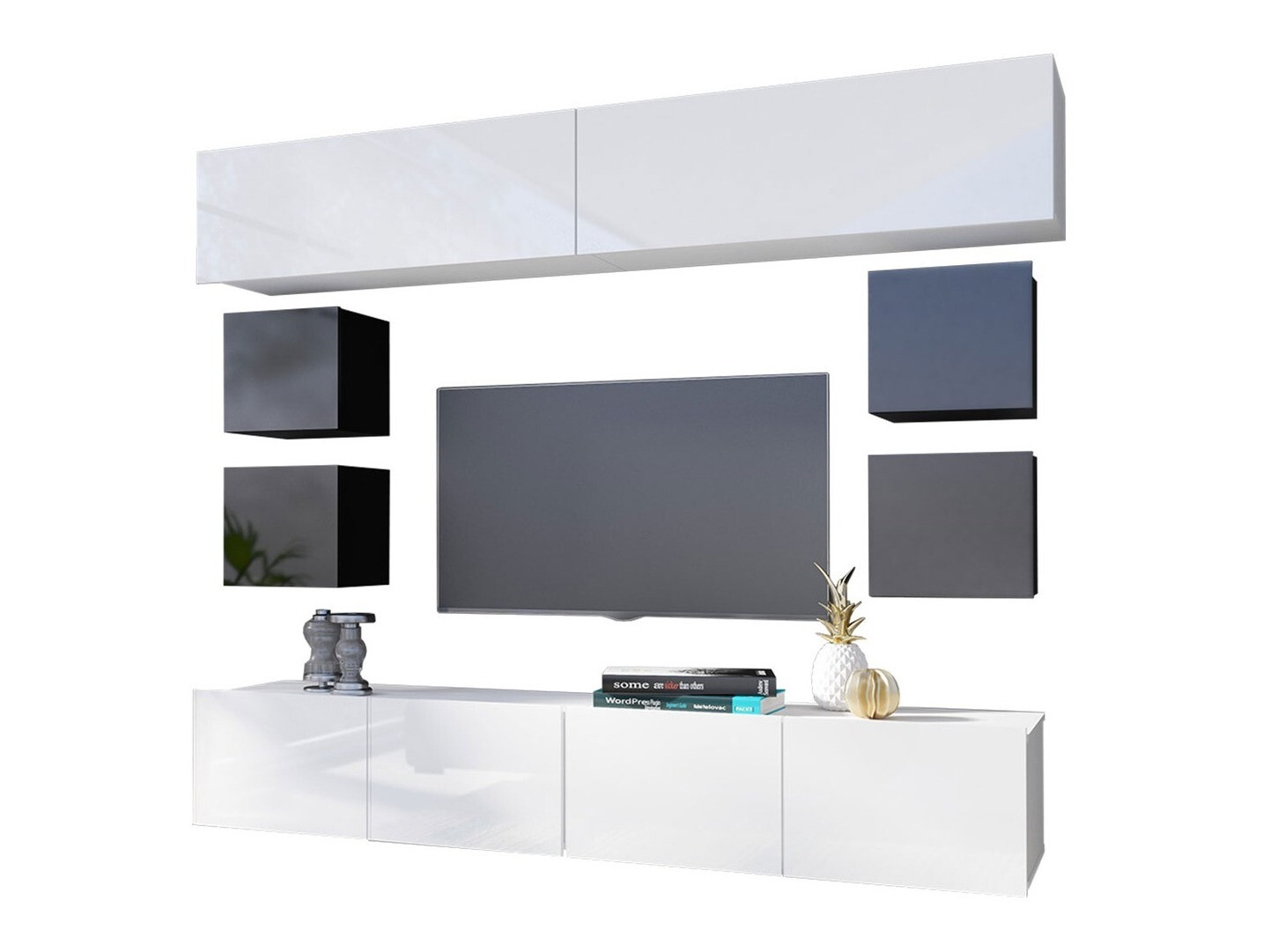 Wohnzimmer-Set Remus XVI (Schwarz + Schwarz glänzend + Weiss + Weiss glänzend)
