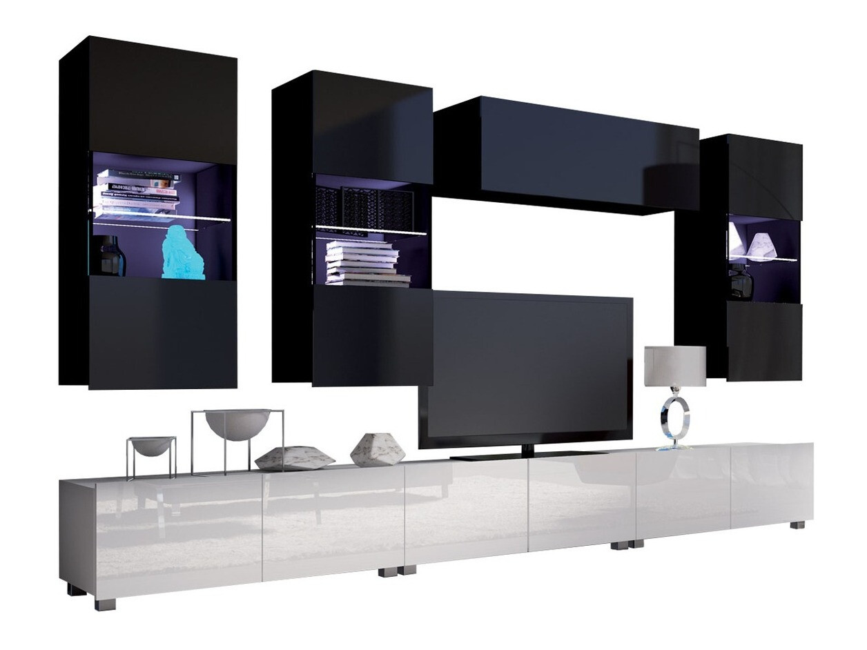 Wohnzimmer-Set Remus XI (Weiss + Weiss glänzend + Schwarz + Schwarz glänzend)
