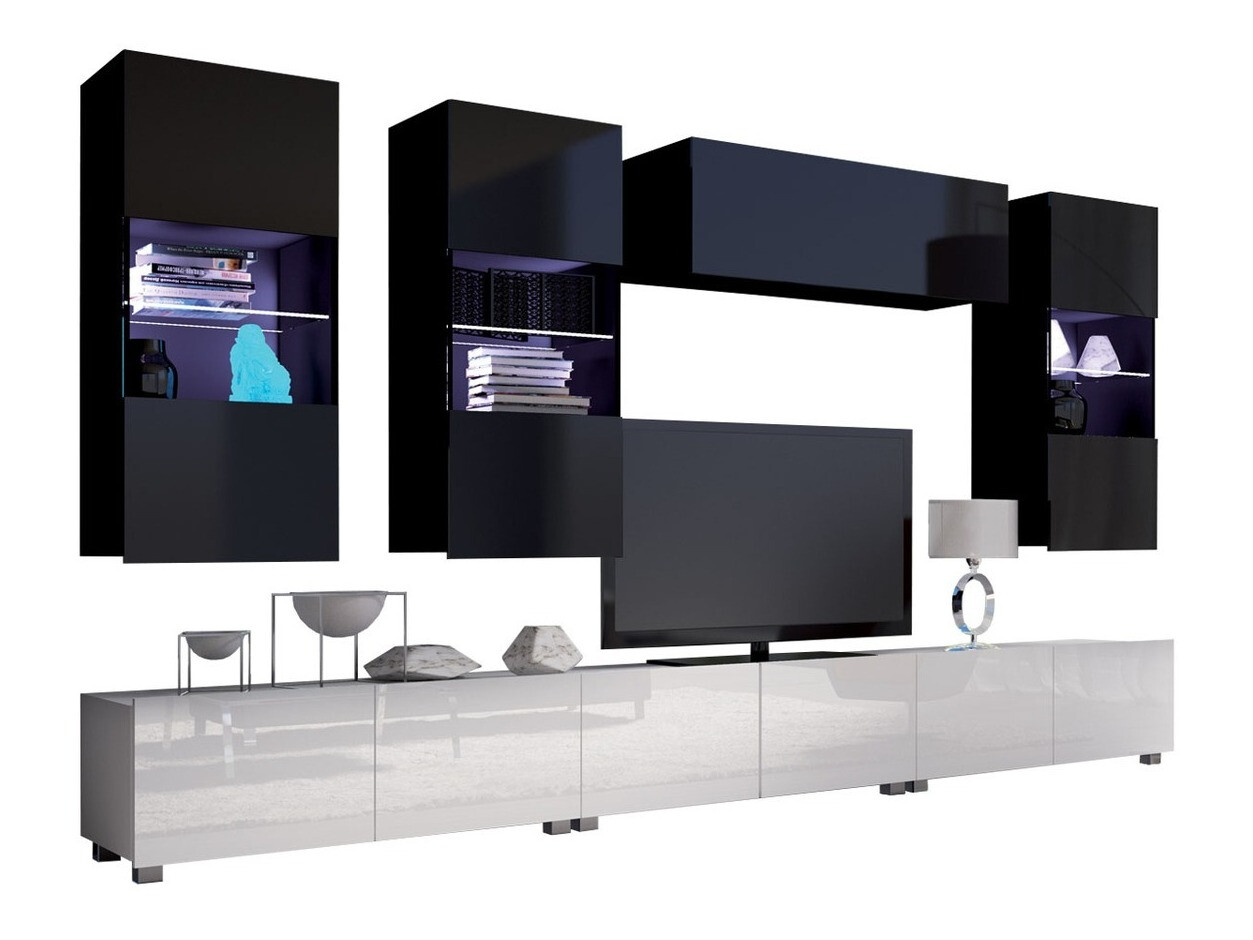 Wohnzimmer-Set Remus XI (Weiss + Weiss glänzend + Schwarz + Schwarz glänzend)