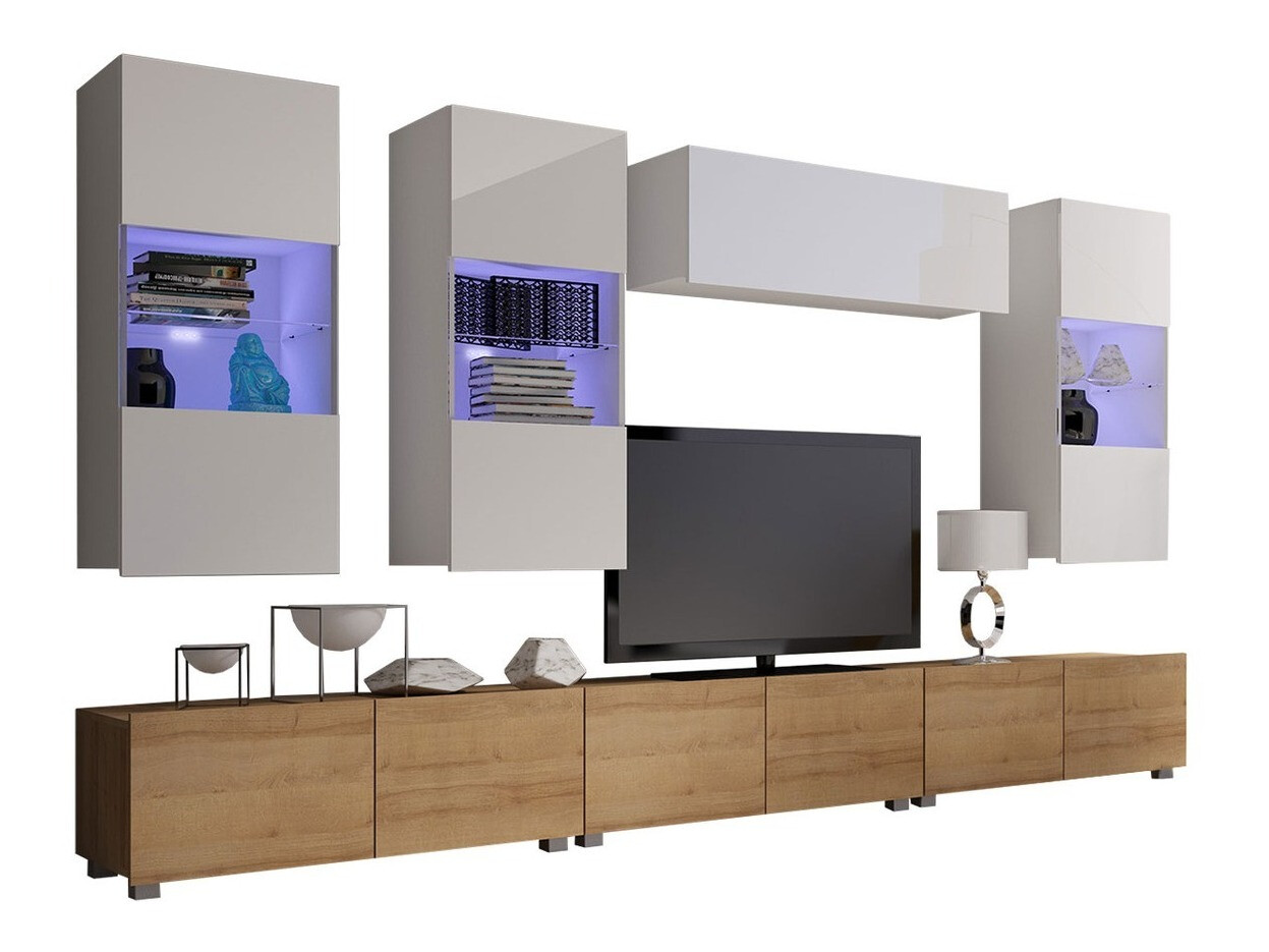 Wohnzimmer-Sets Remus XI (Goldene Eichenholzoptik + Weiss + Weiss glänzend)