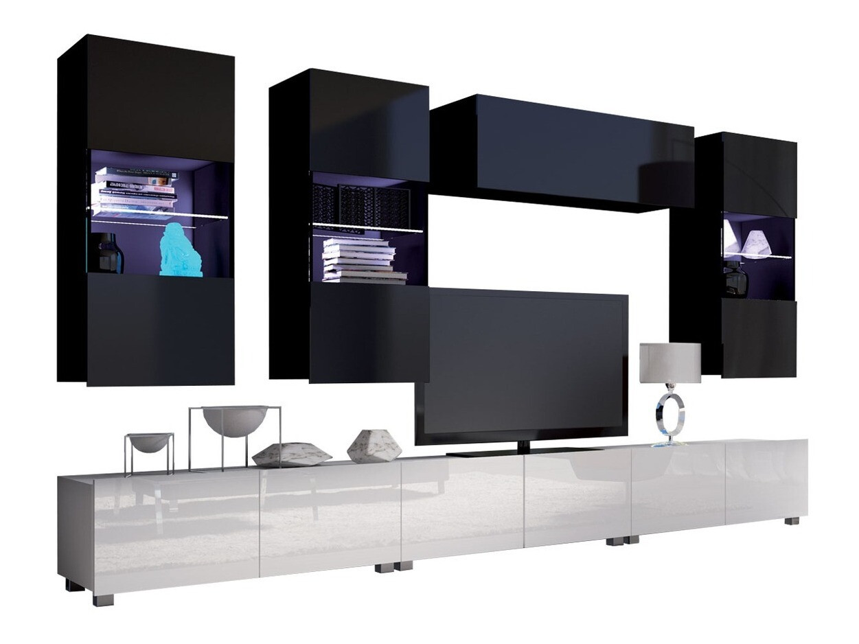 Wohnzimmer-Sets Remus XI (Weiss + Weiss glänzend + Schwarz + Schwarz glänzend)